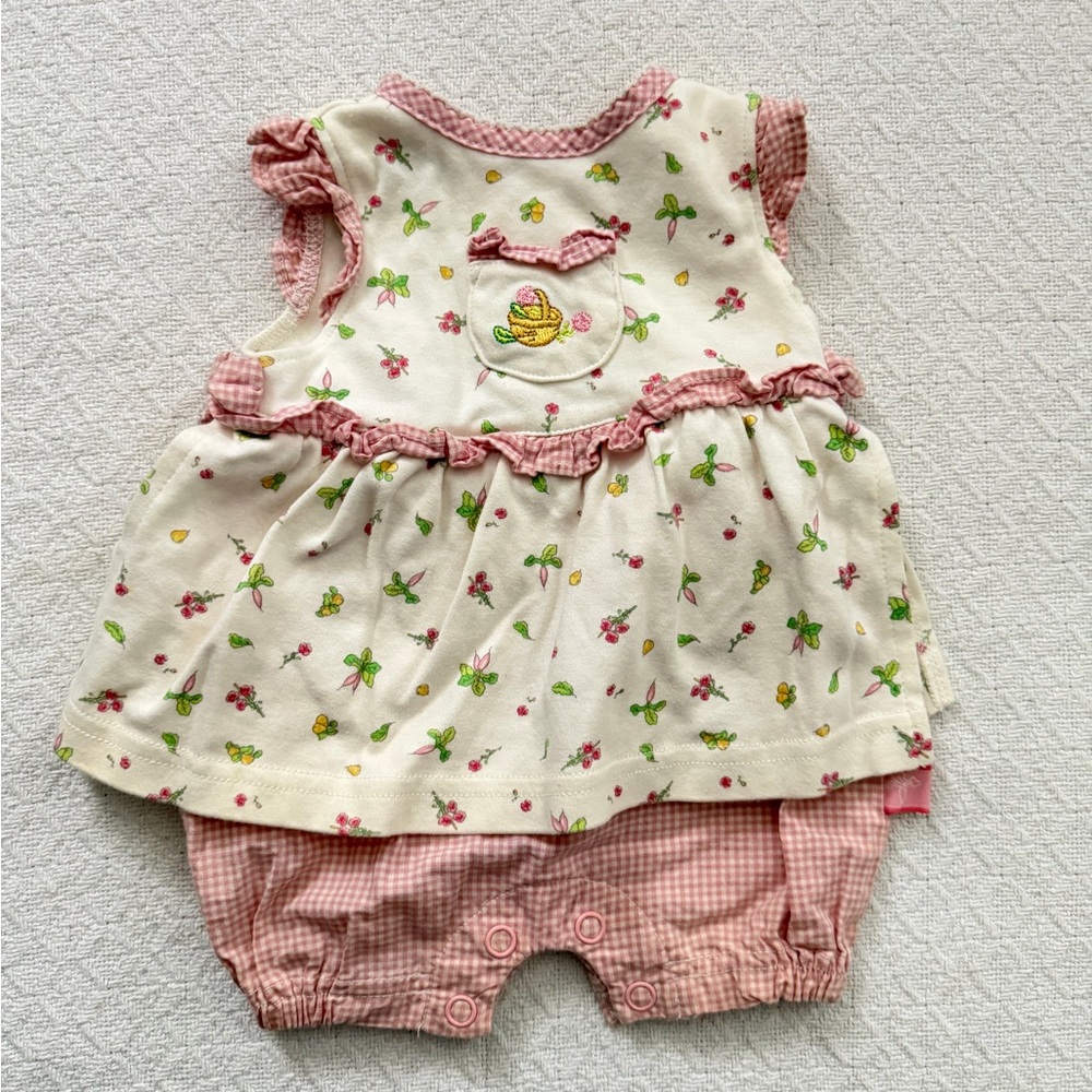 Peter Rabbit Beatrix Potter Embroidered Floral Pink and White Gingham Romper